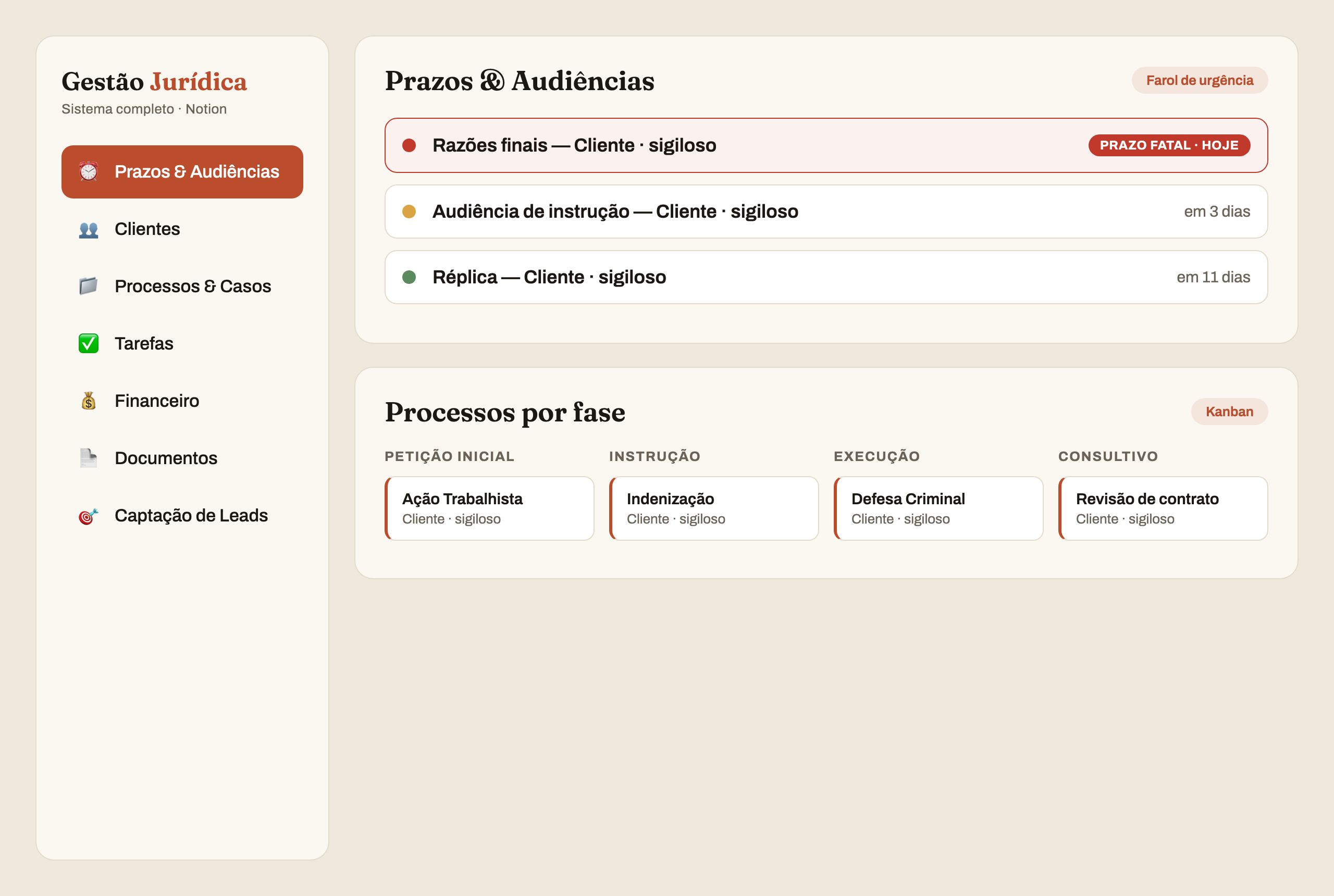 Sistema de gestão jurídica no Notion